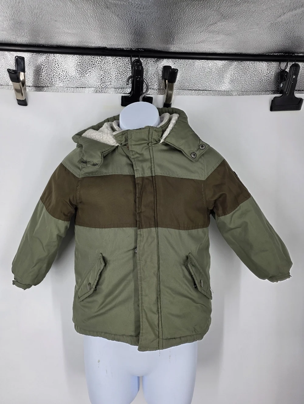 OshKosh B'gosh Toddler Boy 4T Colorblock Winter Jacket Sherpa Lined Olive Brown